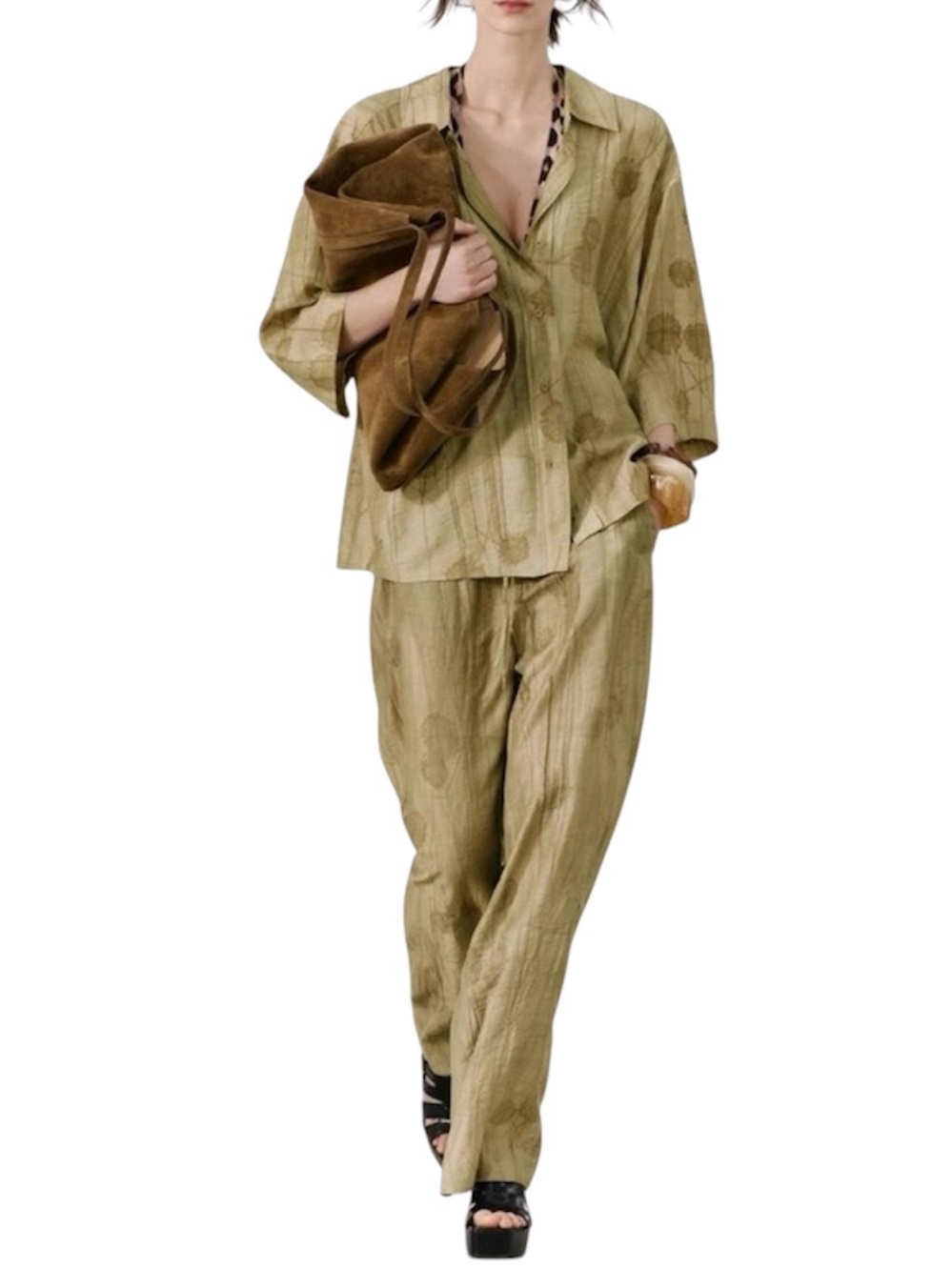 Zara Jacquard olive 2 pc set oversized button front shirt drawstring pants Sz S